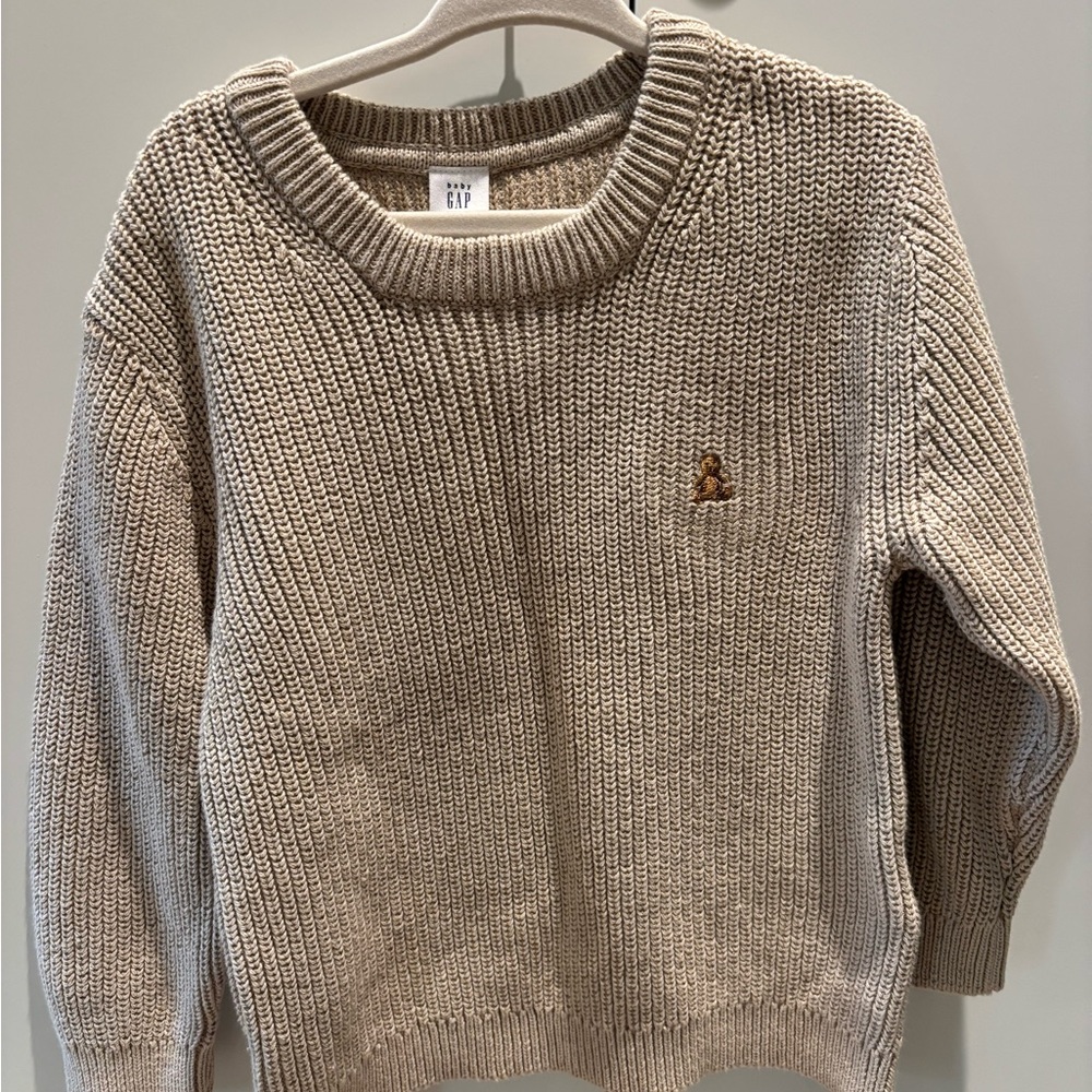 GAP Beige Knit Crewneck Sweater with Embroidered Bear